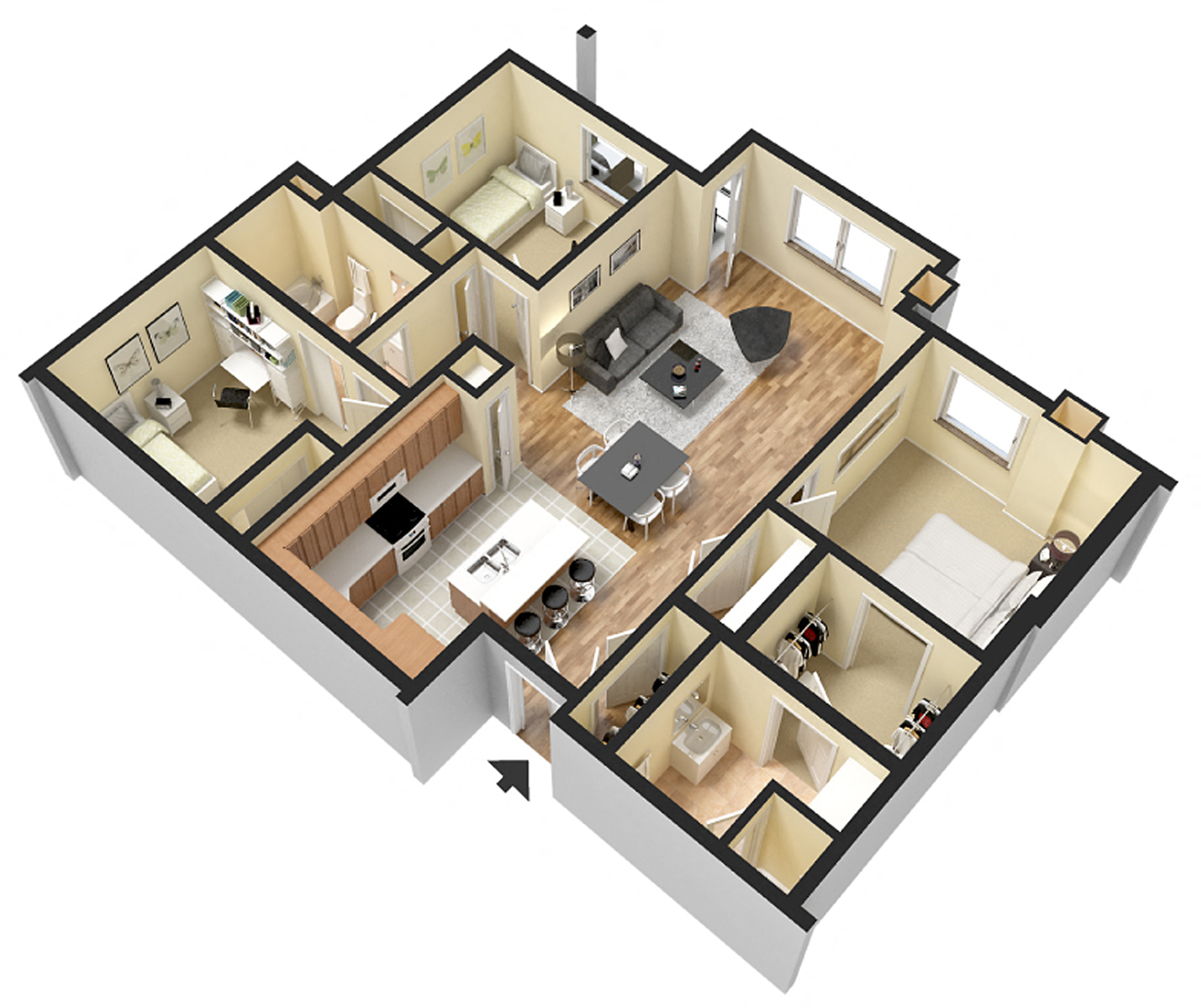 Floor plan for 3 beds, 2 baths, 1301 sqft
